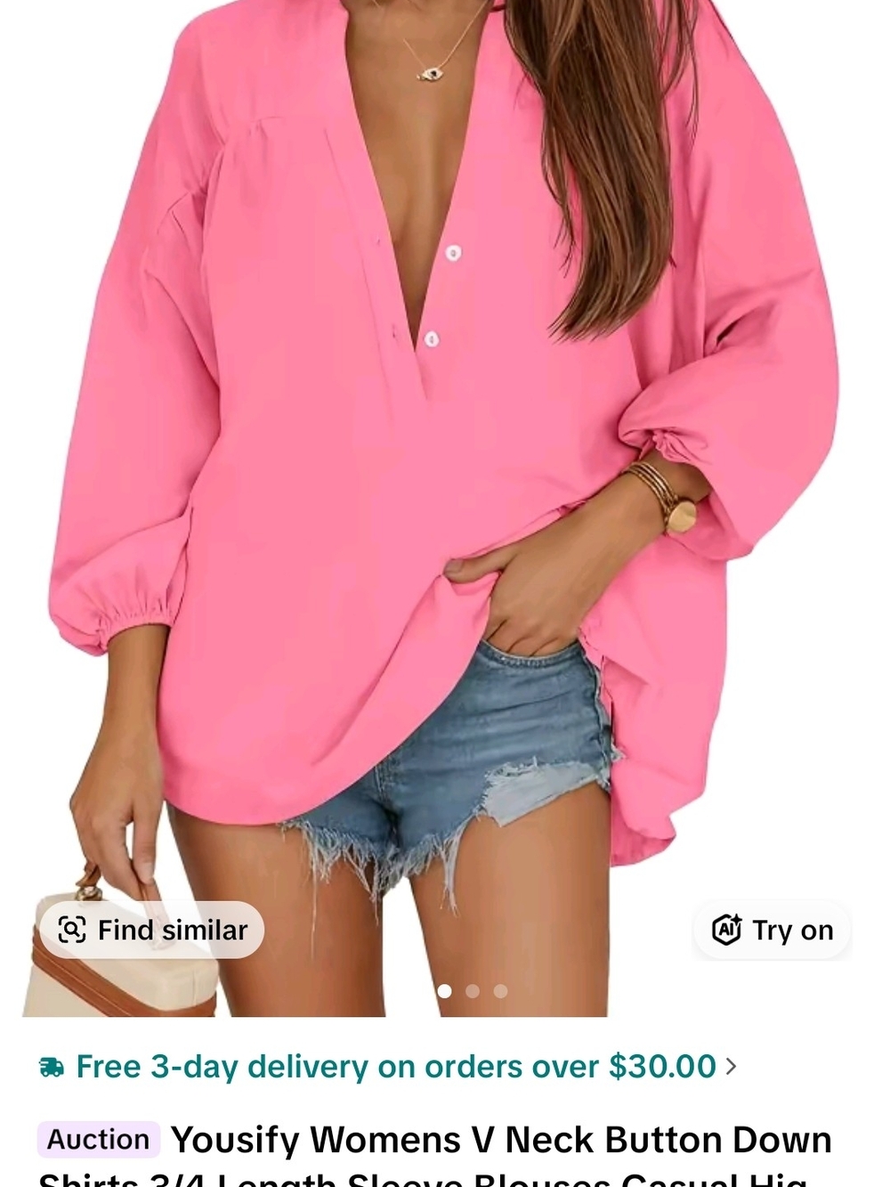 Women’s V-Neck Button Down Blouse in Bright Pink Medium
